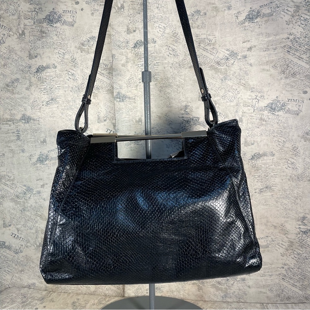 Halston Heritage Lizard Embossed Leather Satchel Metallic Top Handle